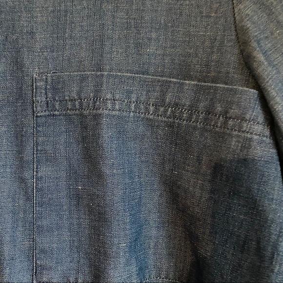 Loft Womens Denim Button Up Shirt Top Blue Ruffle Neck Long Sleeve Pockets - Picture 3 of 12